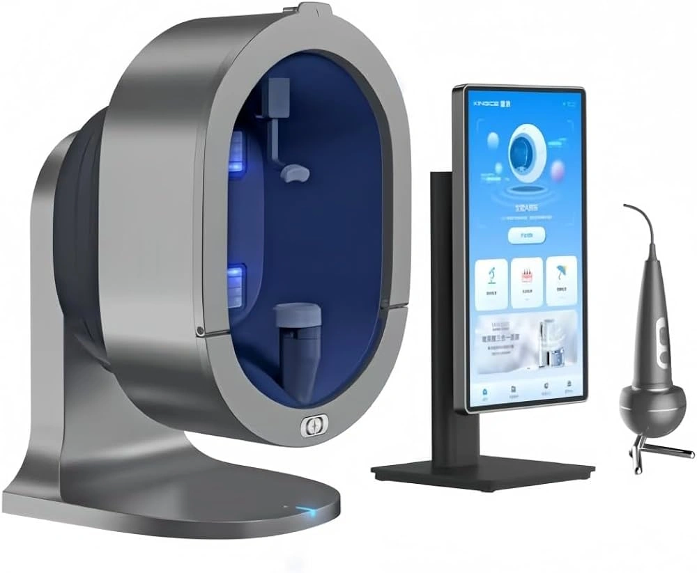 AI skin analyzer device with a scanning chamber, touchscreen display, and handheld scalp inspection tool.