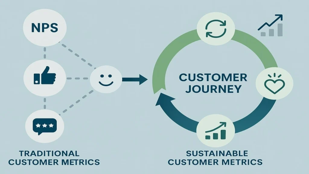 Why AI Personalization for Halal Necessity Brands Is Your ABSOLUTE ‘Secret Weapon’ for Customer Trust in 2026 4 Diagram comparing traditional customer metrics like NPS with sustainable customer metrics focused on the customer journey and growth.