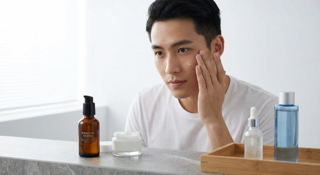 Handsome Chinese Man applying skincare products with four cosmetic containers highlighted around him