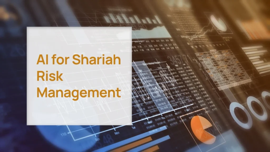 AI for Shariah risk management text overlaid on a digital data and financial chart background.