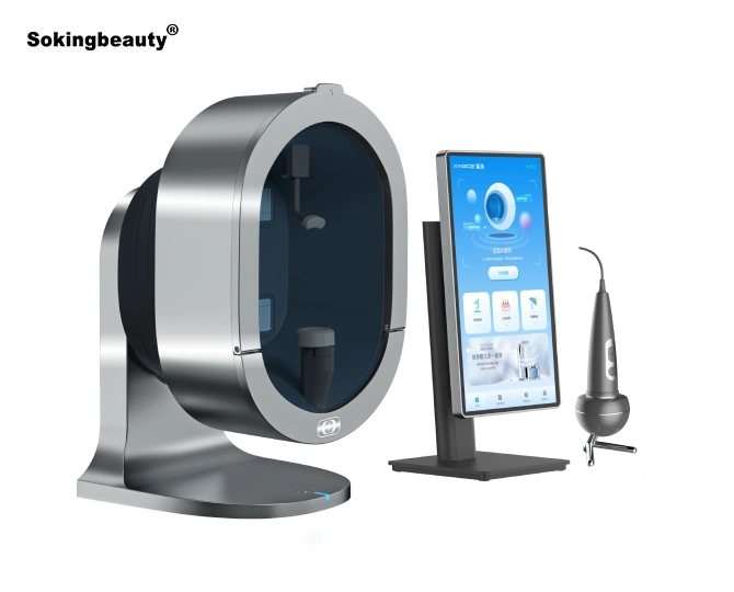Sokingbeauty AI-powered face scanner and skin analyzer with aging prediction and handheld probe device.