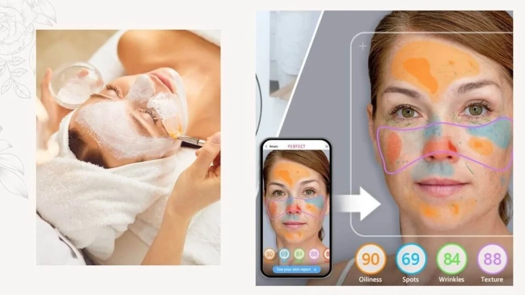 Woman receiving a facial treatment and AI skin analysis app showing skin condition scores to enhance spa services.