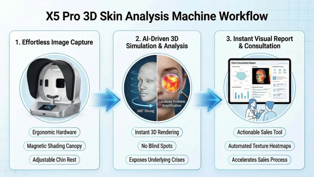 X5 Pro 3D Skin Analysis Machine workflow showing image capture, AI-driven 3D analysis, and instant visual report features.
