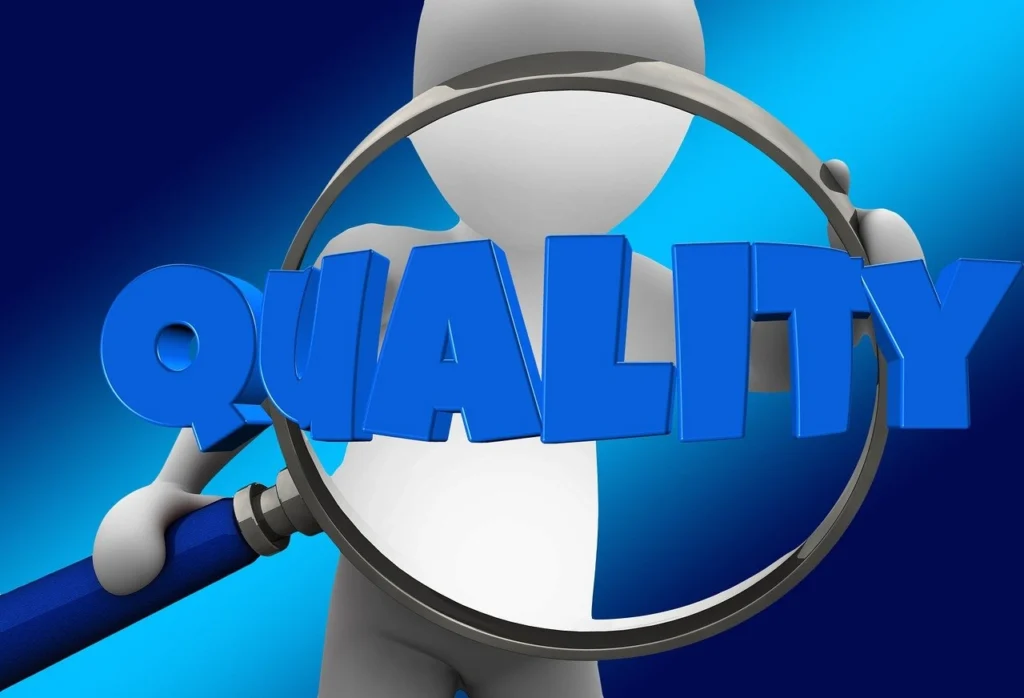 3D figure holding a magnifying glass highlighting the word 'QUALITY' in bold blue letters on a blue background.