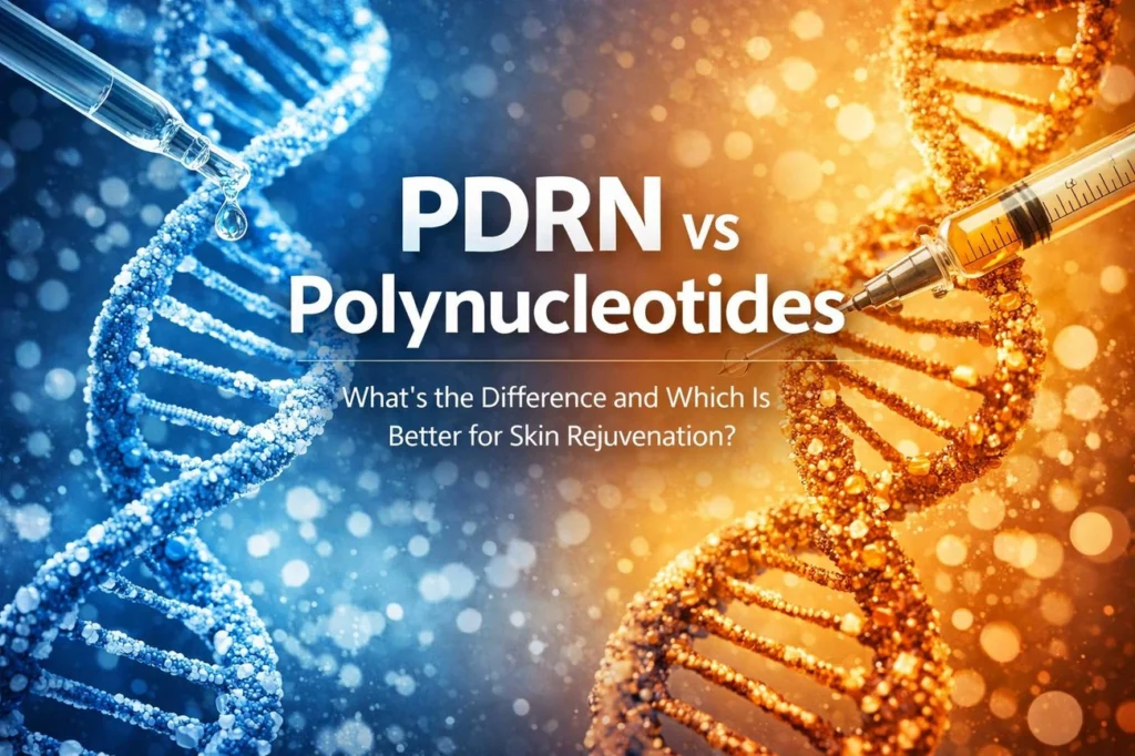 Comparison of PDRN and Polynucleotides with DNA strands and injection syringes for skin rejuvenation.