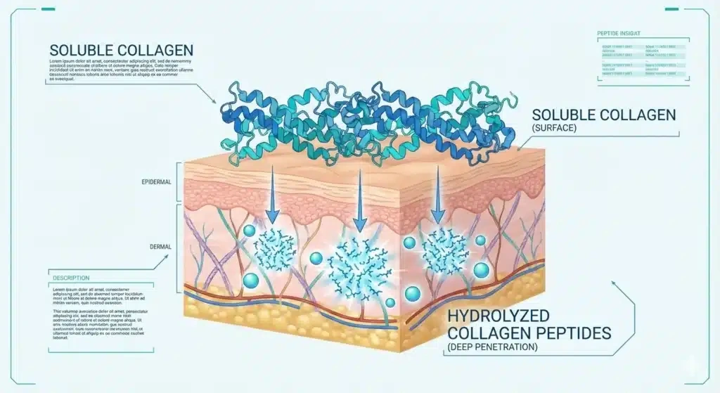 Diagram comparing soluble collagen on the skin surface to hydrolyzed collagen peptides penetrating deeply into dermal layers.