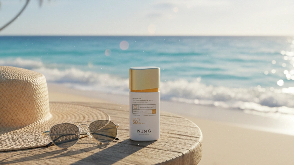 Next-Gen SPF: 7 Proven Benefits for Superior Tropical Skin Protection in 2026 7 Facial sunscreen SPF 50 bottle, sunglasses, and straw hat on a wooden table by the sunny beach shore.