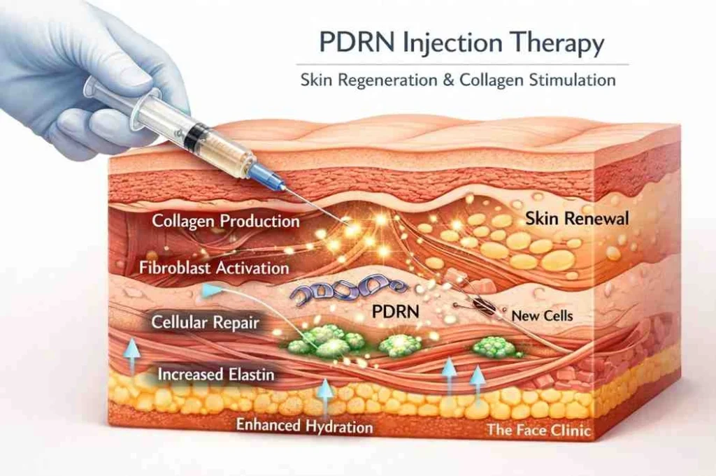 Illustration of PDRN injection therapy showing skin layers with collagen production, cellular repair, and skin renewal effects.