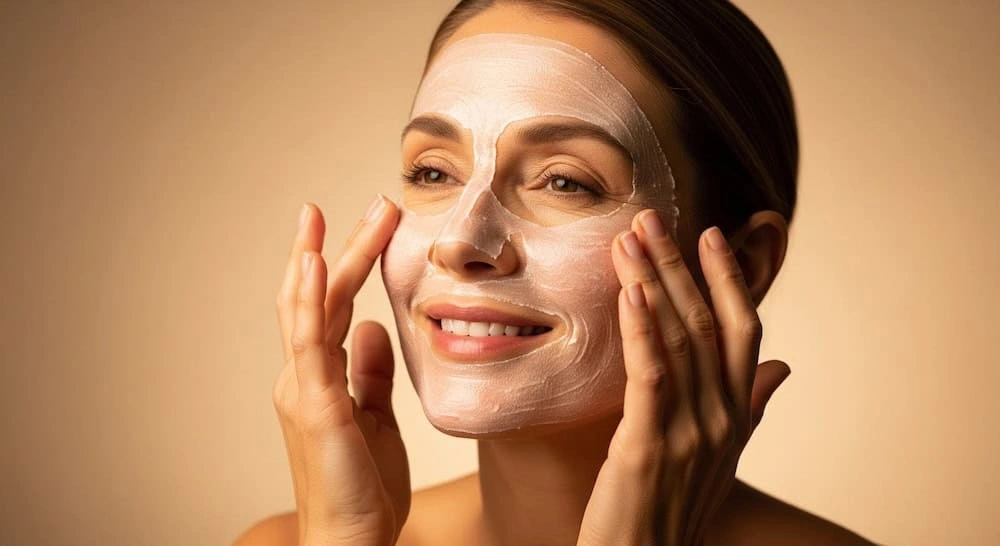 Person gently touching their face against a warm beige background, promoting skin collagen care.
