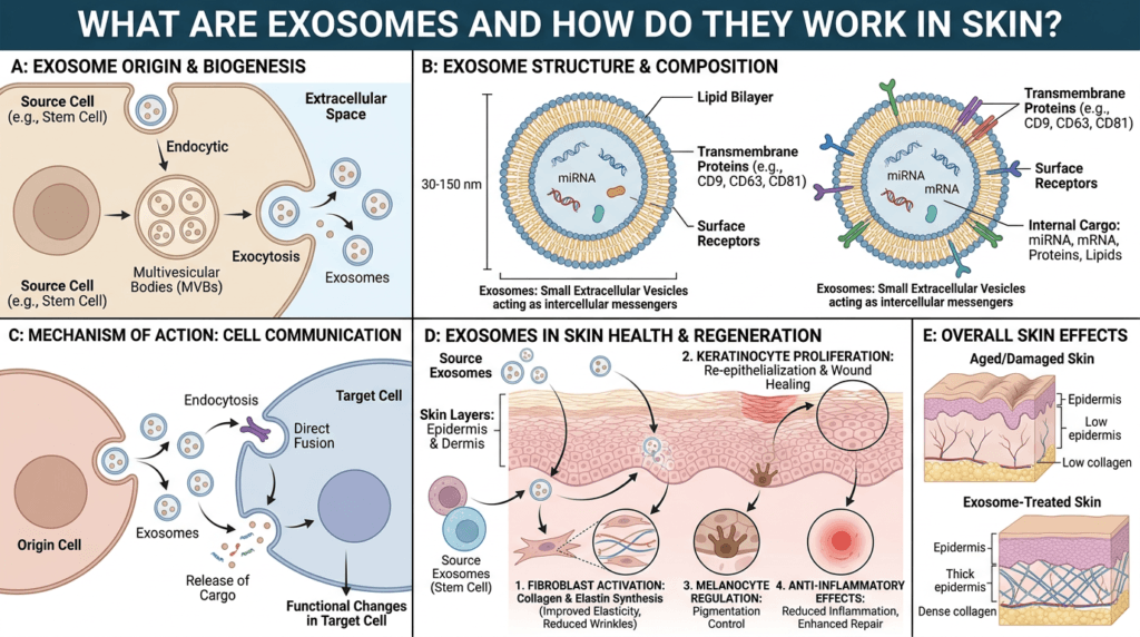 Scientific illustration about 'What Are Exosomes and How Do They Work in Skin'