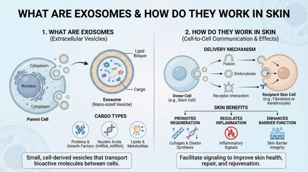 Scientific illustration about 'What Are Exosomes and How Do They Work in Skin'