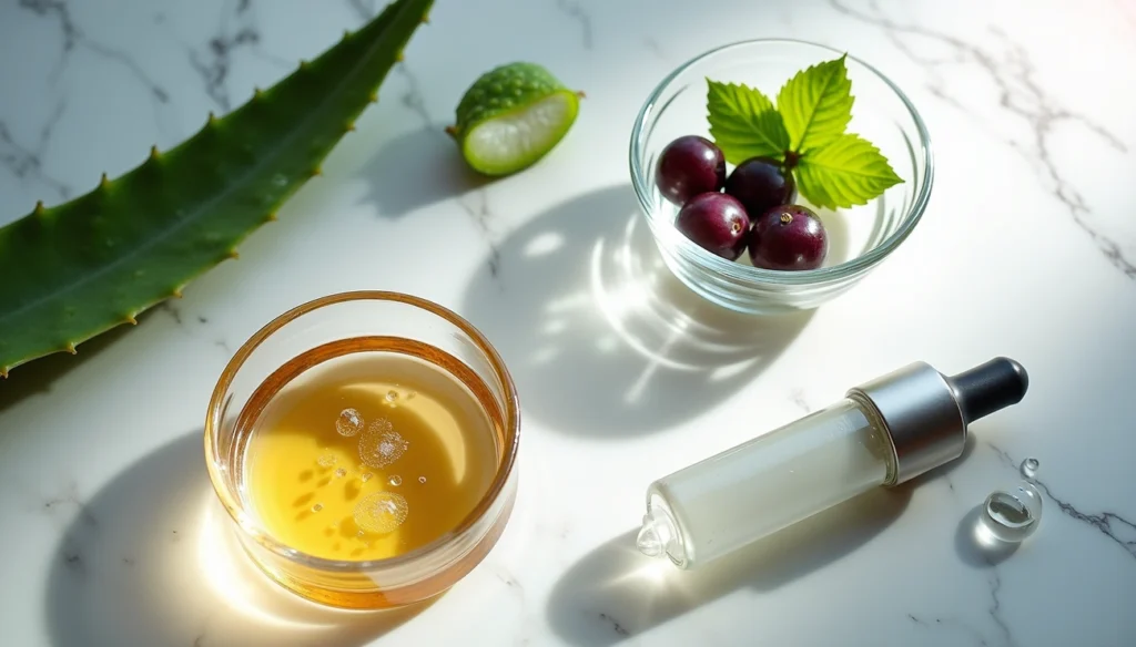Natural ingredients like aloe, berries, and serum drops on marble surface for metabolic beauty innovations in 2026.