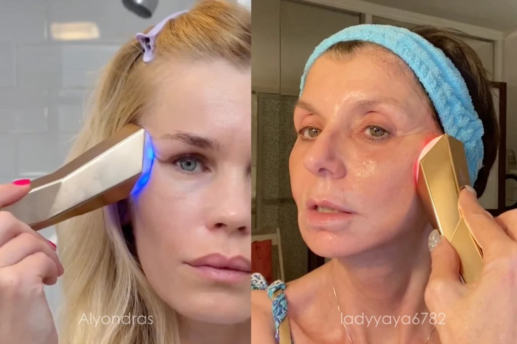 Two women using gold facial devices on their cheeks to improve skincare product absorption.