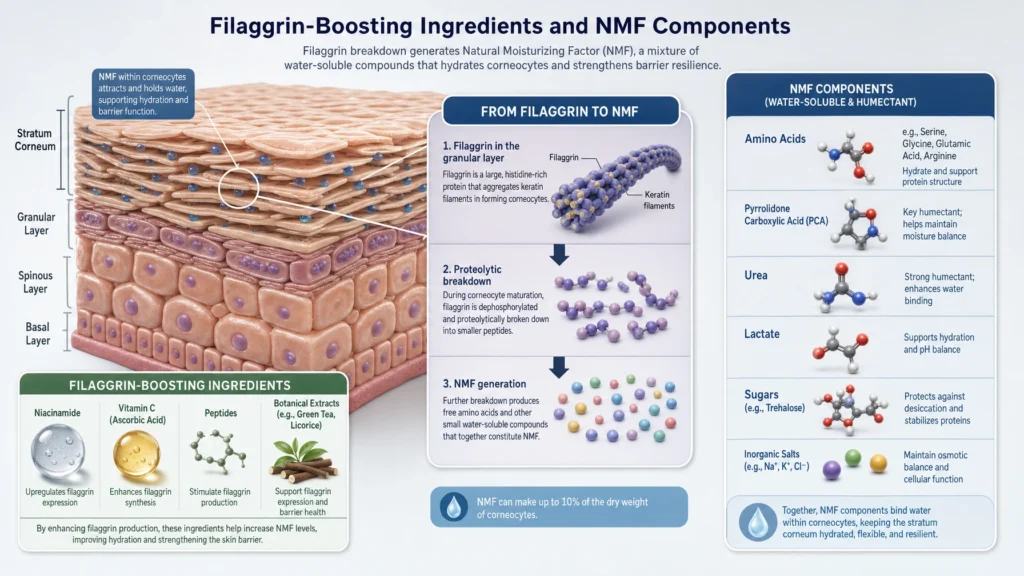 Barrier-First Creams: 7 Proven Ingredient Standards for Superior Dermal Repair 6 3D scientific diagram about Filaggrin-Boosting Ingredients and NMF Components