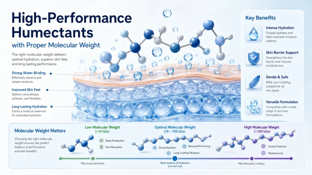 Barrier-First Creams: 7 Proven Ingredient Standards for Superior Dermal Repair 7 Hyaluronic acid molecular structure illustration with text explaining its importance in skincare formulation based on size.