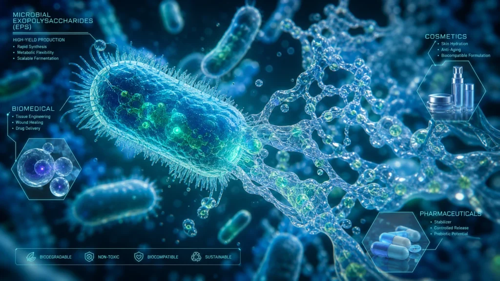 3D scientific diagram of Microbial Exopolysaccharides (EPS) Production Systems