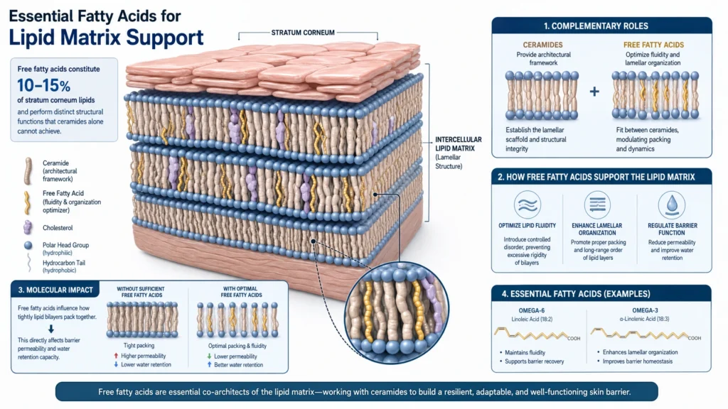 Barrier-First Creams: 7 Proven Ingredient Standards for Superior Dermal Repair 4 3D scientific diagram regarding 'Essential Fatty Acids for Lipid Matrix Support'