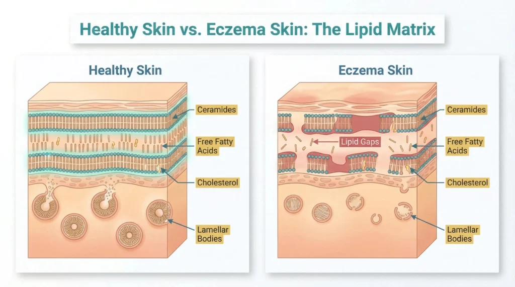 Barrier-First Creams: 7 Proven Ingredient Standards for Superior Dermal Repair 3 Diagram comparing healthy skin's intact lipid matrix with eczema skin's disrupted lipid gaps and damaged lamellar bodies.