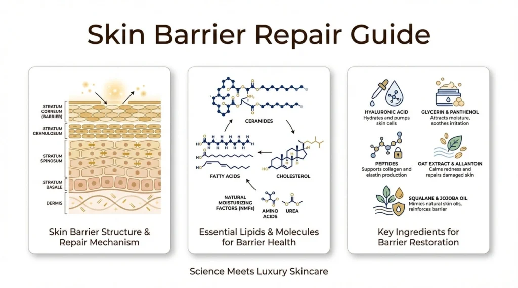 Barrier-First Creams: 7 Proven Ingredient Standards for Superior Dermal Repair 2 Diagram showing skin barrier layers, essential lipids for health, and key ingredients for barrier restoration in skincare.