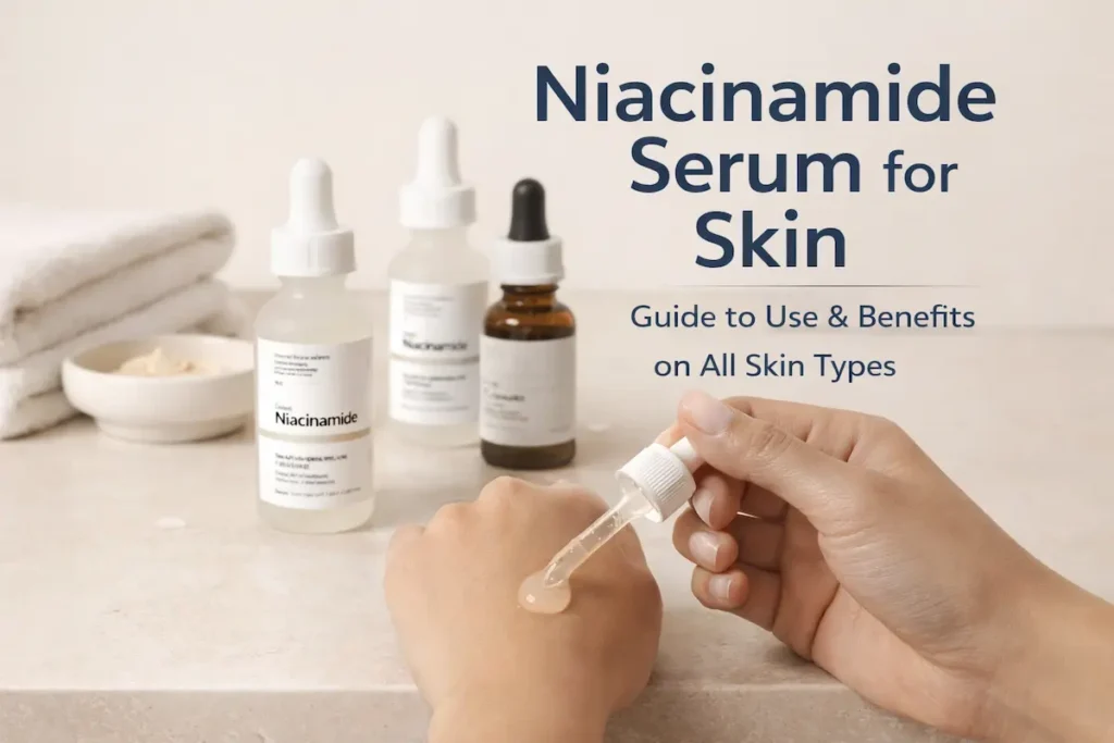 Barrier-First Creams: 7 Proven Ingredient Standards for Superior Dermal Repair 9 Hand applying niacinamide serum with dropper, with bottles and text about serum benefits and usage for all skin types in background.