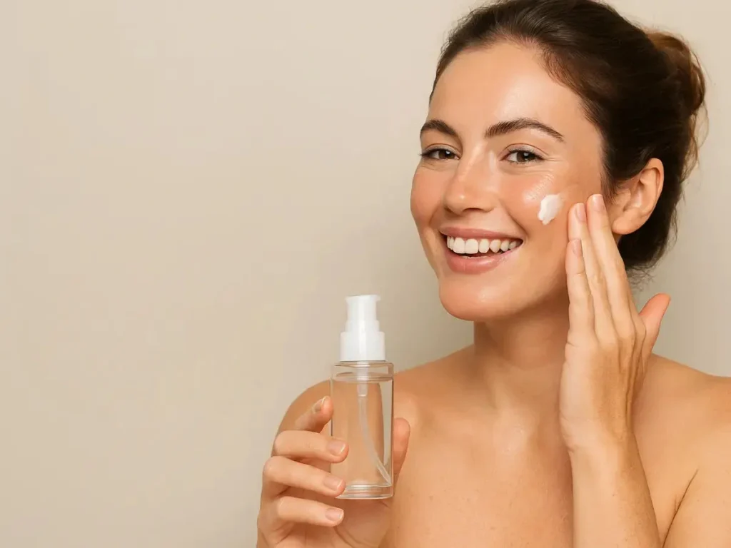 Probiotic Cosmetics: 7 Proven Benefits for a Superior Skin Microbiome 7 Person holding a clear pump bottle, applying skincare product to their face against a beige background.