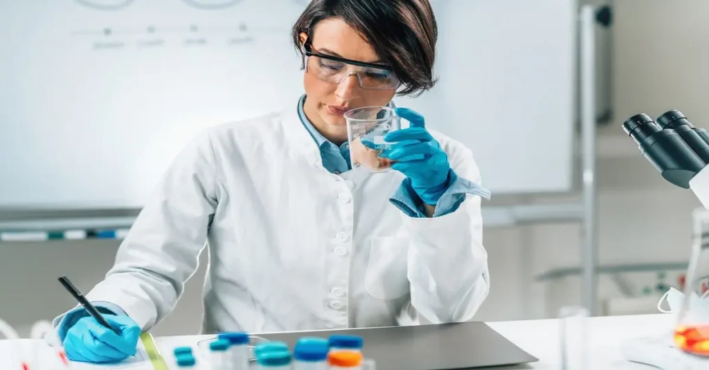 Scientist in a lab coat and gloves examining a petri dish in a quality control laboratory setting.