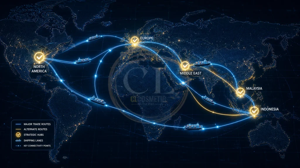 A high-tech digital world map highlighting shipping trade routes between Middle East, Indonesia, Malaysia, Europe, North America with glowing checkmarks