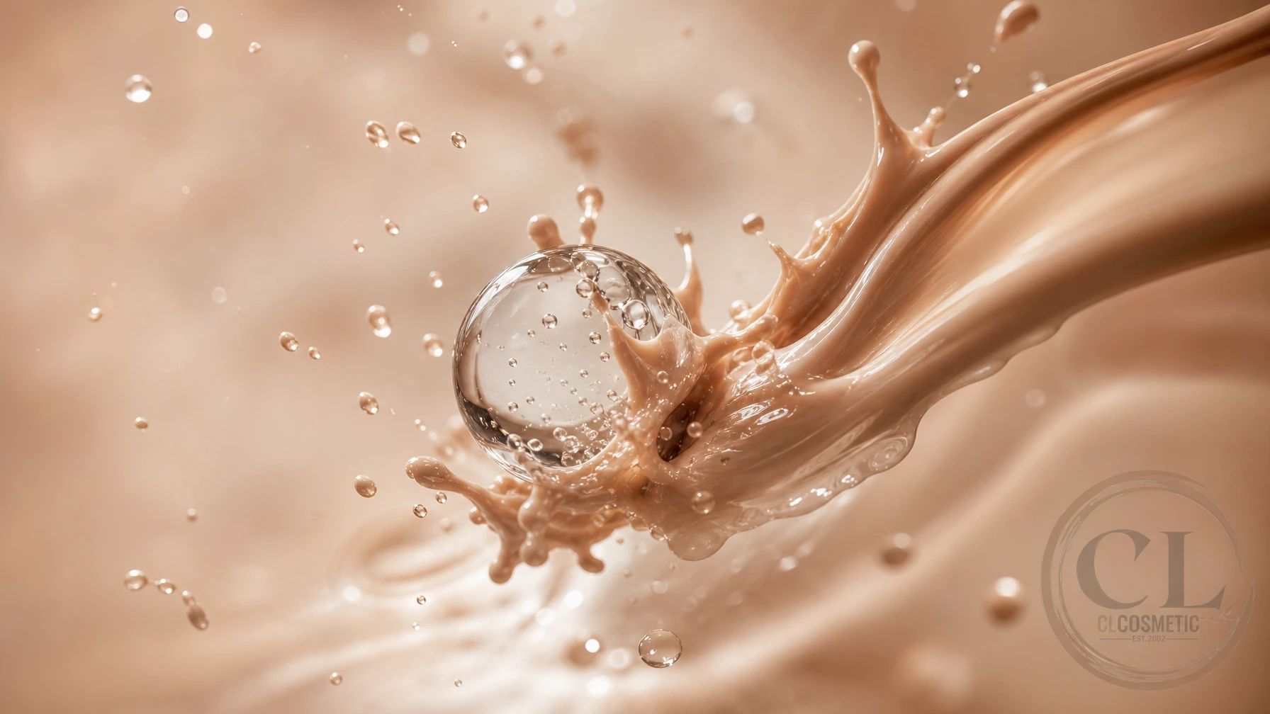 A macro splash of creamy nude liquid foundation colliding with a transparent drop of hyaluronic acid serum
