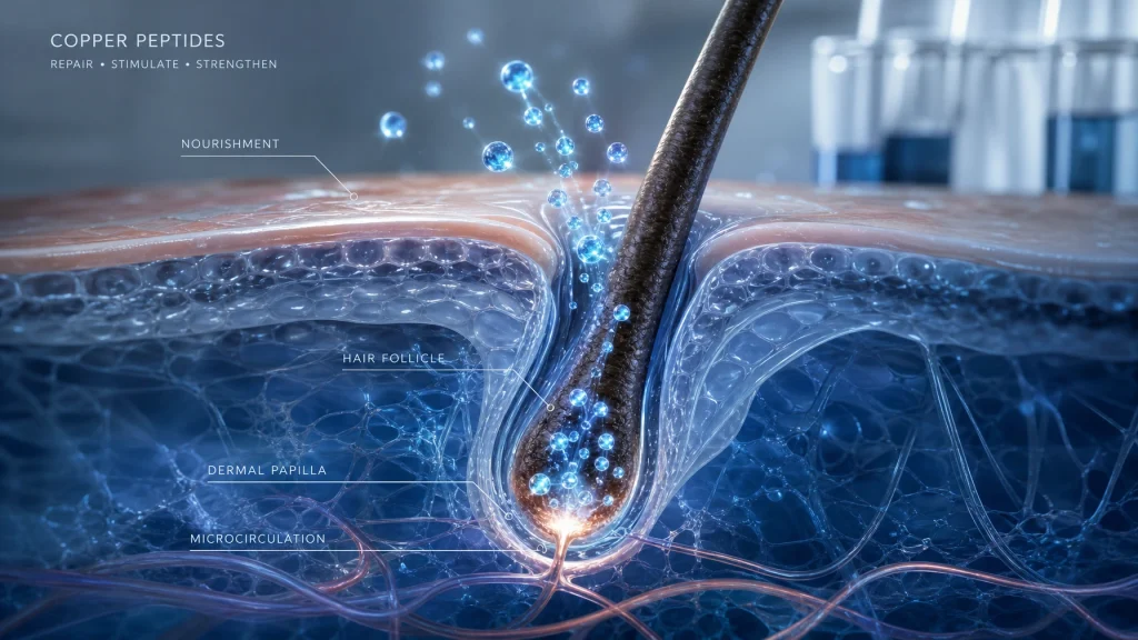 A microscopic 3D render of a healthy scalp follicle being nourished by glowing blue copper peptide droplets, clean laboratory aesthetic