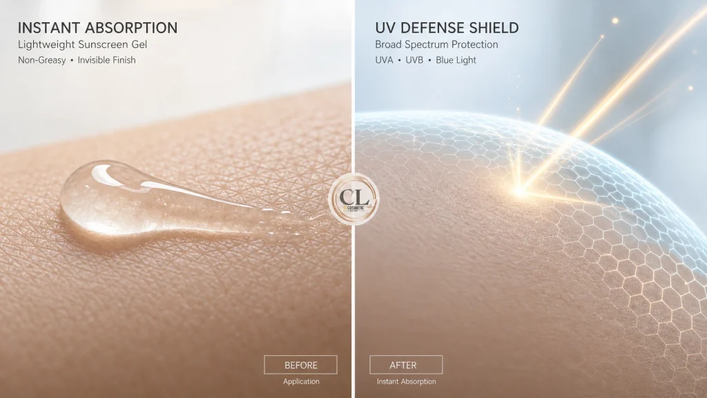 A split screen macro shot of a lightweight sunscreen gel absorbing instantly into skin on one side and a protective UV shield glowing over the skin on the other side clinical and clean lighting