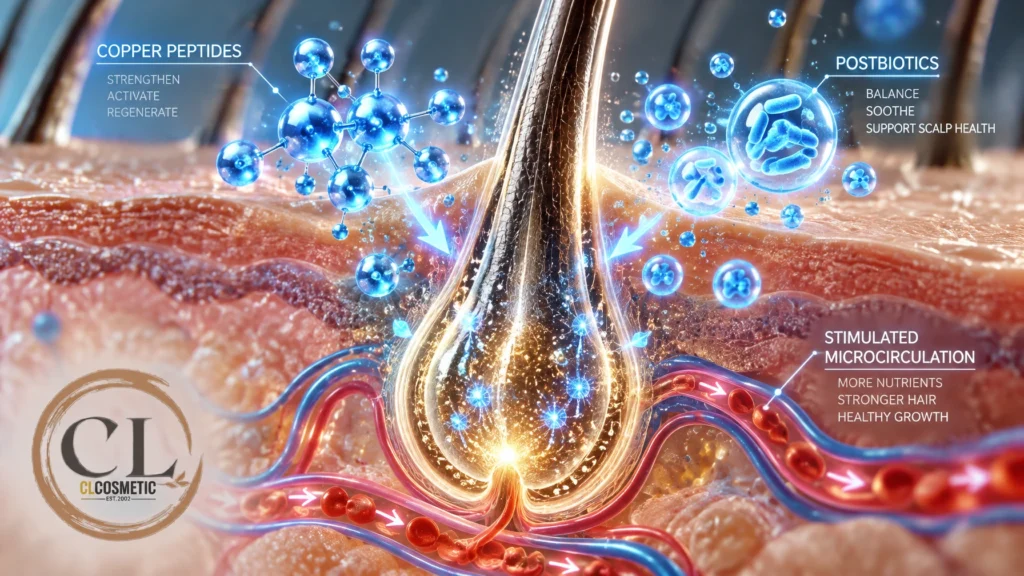Halal Scalp Care: Proven Anti-Hair Fall OEM Strategy v2026 2 A 3D scientific render showing a healthy hair follicle bulb being nourished by glowing blue copper peptide molecules and postbiotics