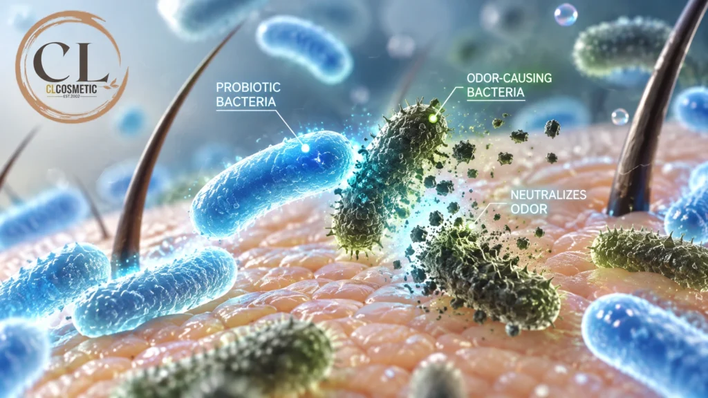 A close-up 3D scientific render showing friendly probiotic bacteria neutralizing odor-causing bacteria on the skin surface