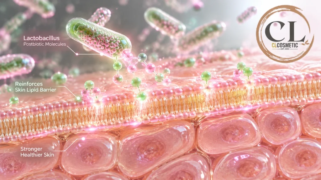 Halal Intimate Care: Best pH-Balanced OEM Blueprint v.2026 2 A scientific 3D microscopic render showing protective Lactobacillus postbiotic molecules reinforcing the protective lipid barrier of skin cells