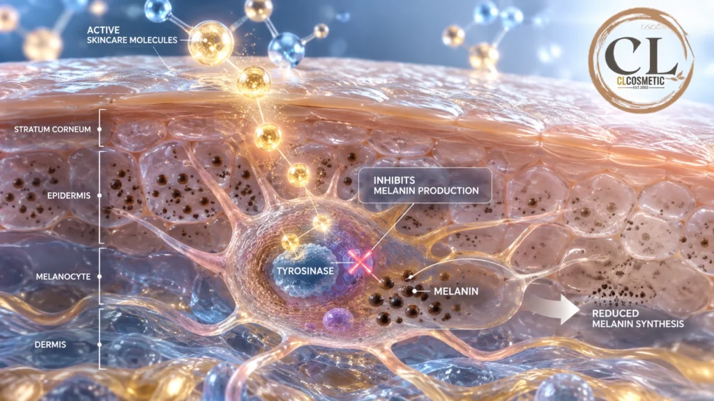 Skin Brightening: Safe Hyperpigmentation Cosmetics Guide v2026 2 close-up scientific 3D render of human skin layers showing glowing active skincare molecules gently inhibiting melanin production inside melanocyte cells