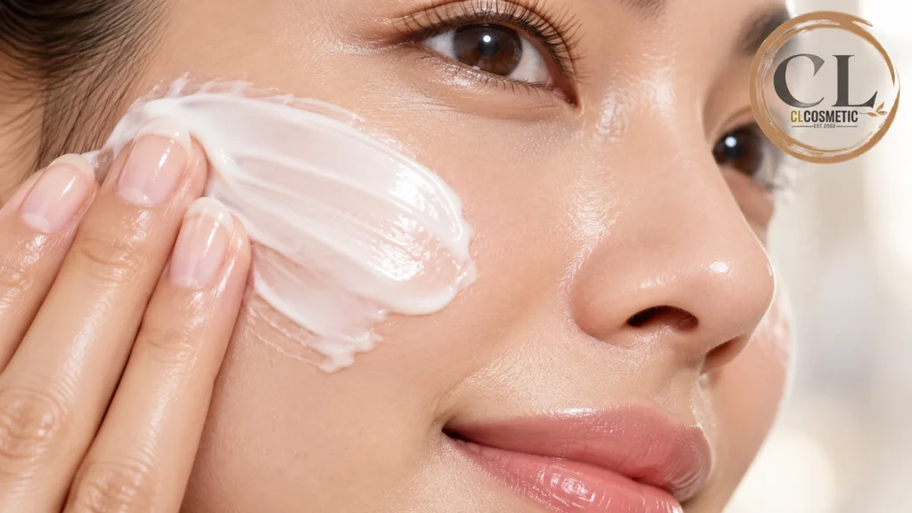 Skin Brightening: Safe Hyperpigmentation Cosmetics Guide v2026 3 macro photograph of a creamy white skin brightening face cream being spread smoothly over healthy skin, showcasing rich hydrating texture and soft radiant glow